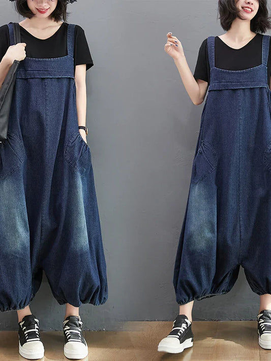 Loose Fit Denim Overalls Women's Summer 2026 Faion plus Size Lantern Leg One-Piece Pants High Waist Long Trousers