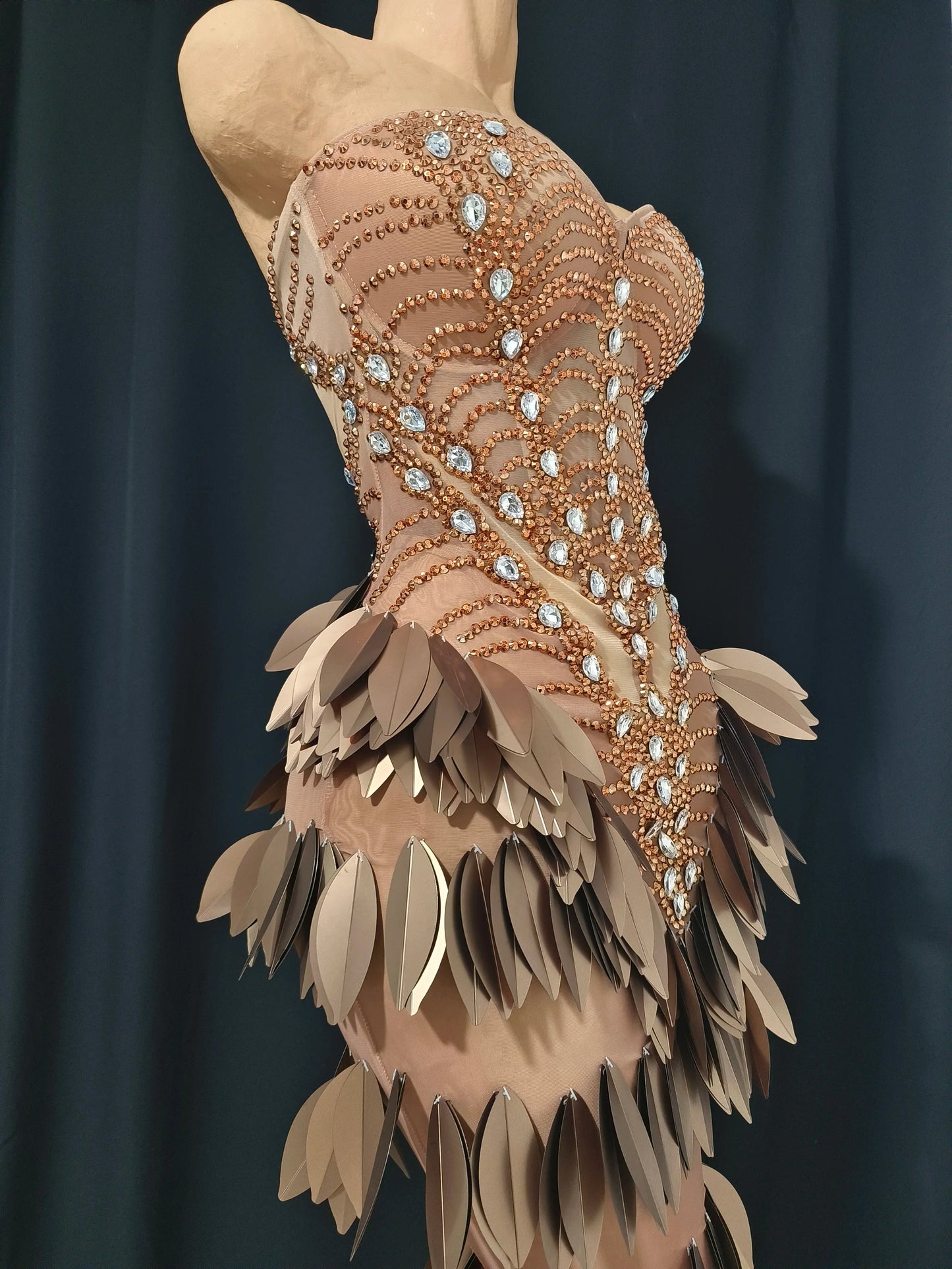 Sexy Sparkly Diamonds Leaf Strapless Mesh See Through Long Dress Birthday Evening Celebrate Party Nightclub Bar Show Stage Wear