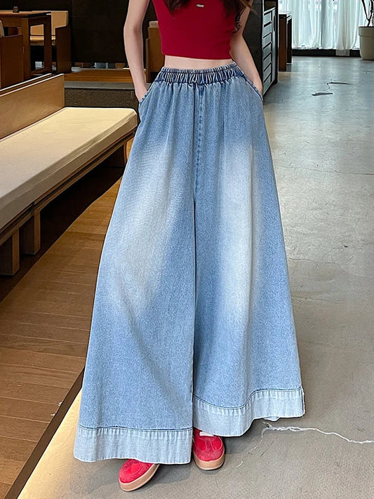 Casual High Waist Wide Leg Jeans Women's Loose Fit Summer Faion plus Size American Sle Cuffed Casual Denim Skirt Pants
