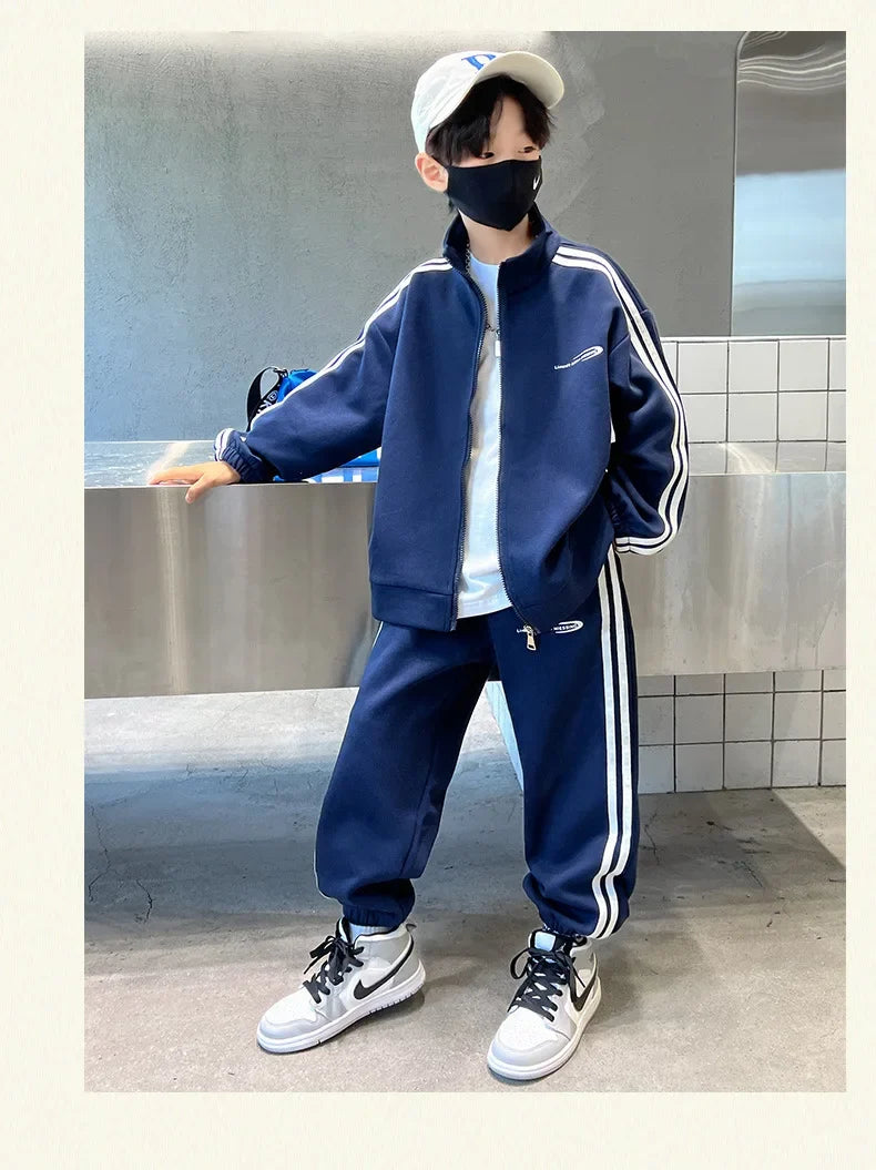 Spring Autumn Boys Navy Striped Zip Sweatshirt Coats+Sweatpant Sets School Kids Tracksuit Children Outfit Jogging Suit 3-14Yrs
