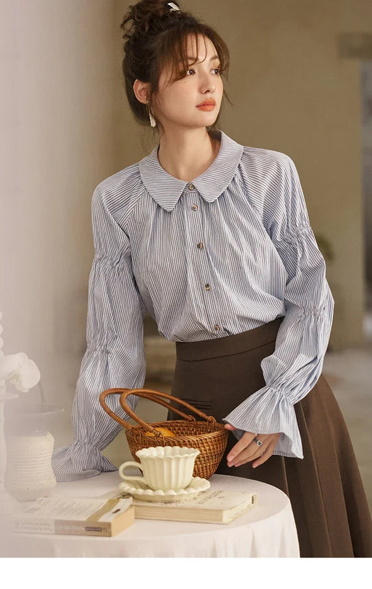 Women's Blue Stripe Shirt 2024 Spring Fashion French Retro Bubble Sleeves Doll Neck Loose Tops Office Lady MXD12C0163