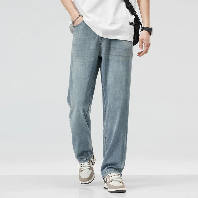 New Summer Thin Soft Lyocell Fabric Men's Jeans Classic Straight Denim Pants Work Wide Leg Casual Trousers Male Big Size 40 42