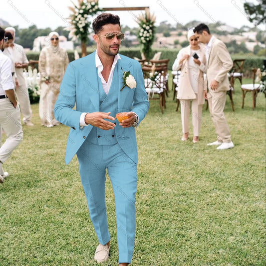 Summer Linen Men Suits 3 Piece Chic Single Breasted Peak Lapel Outfits Fashion Daily Casual Slim Groom Wedding Party Tuxedo