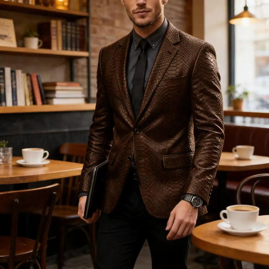Men's Luxury Crocodile Pattern Leather Blazer Slim Fit Two Button Notch Lapel Suit Jacket Business Casual Wedding Tuxedo Dress