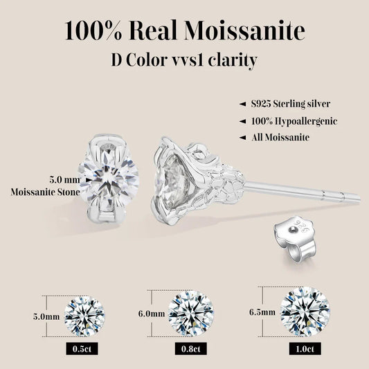 Round Cut 0.5CT Moissanite Stud Earrings 925 Sterling Silver 18K Gold Plated ForWomen Girl Sparkling Engagement Jewelry