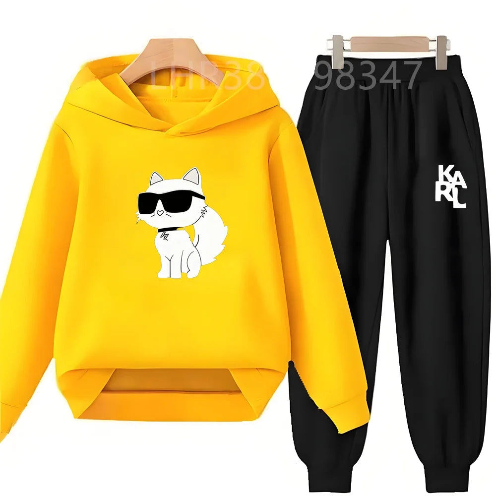 White Cat Black Cat Children's Hoodies Top+Bottom Suit Girls Pink Boy Black Age 3-12 Coat Casual Toddler Long Sleeves Clothing