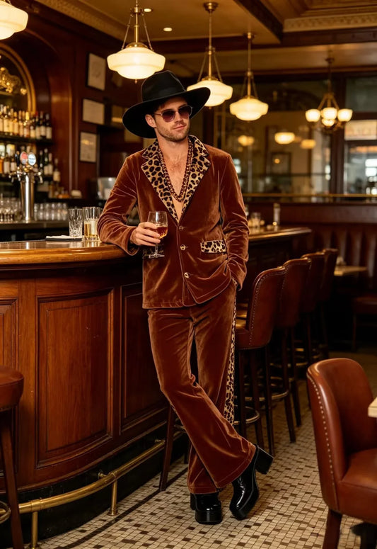 Luxury Men's Velvet Suit Notch Lapel Jacket Leopard Print Patchwork Trim Wide Leg Flare Trousers Tuxedo Cosplay Prom Event