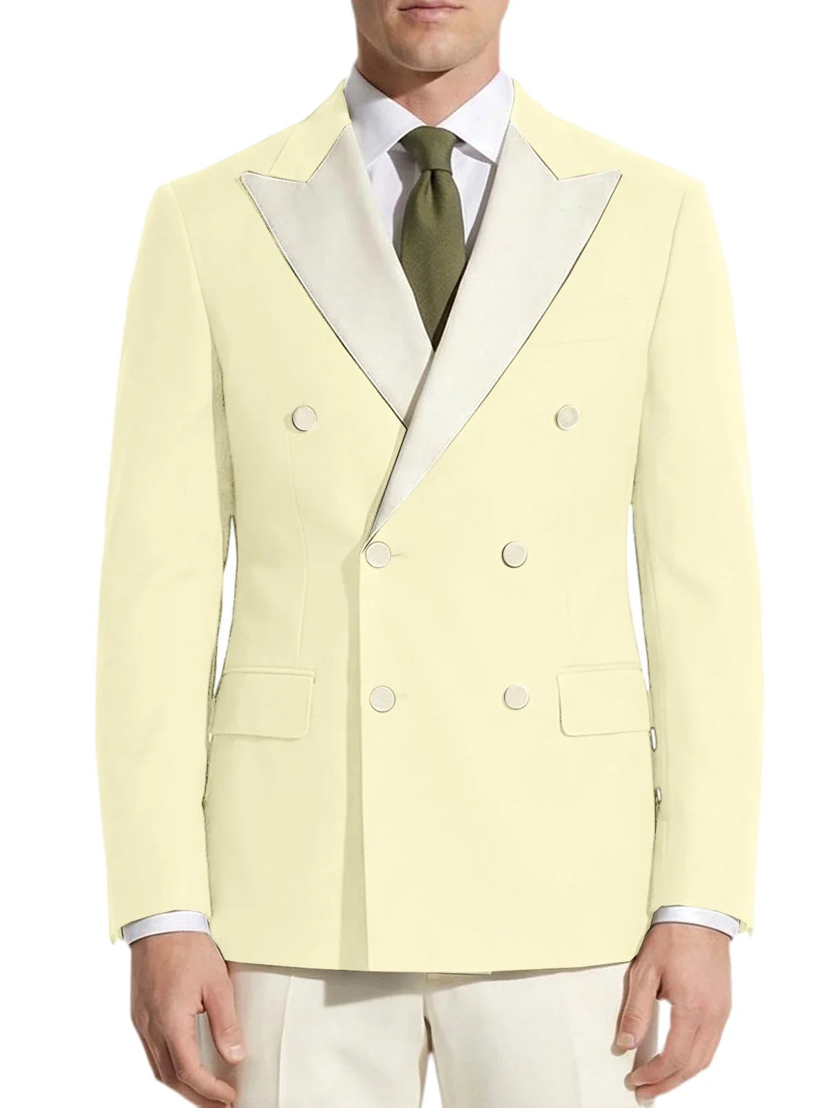 Classic Men's Tuxedo Jacket White Peak Lapel Patched Double Breasted Slim Fit Blazer for Business Formal Wedding Groom Prom Coat