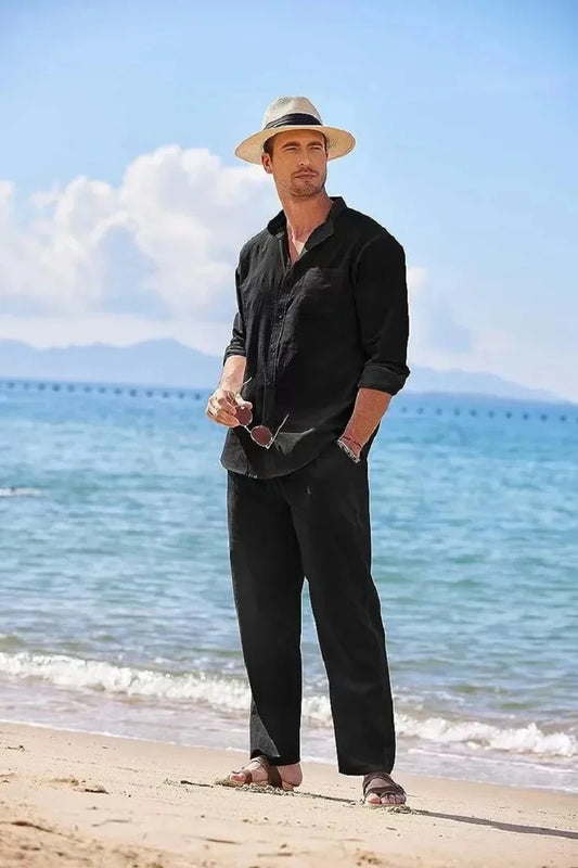 Sky Blue White Black Sports Suit Men's Beach Casual Linen Loose Long-sleeved Shirt Trousers Workwear Two-piece Male Set