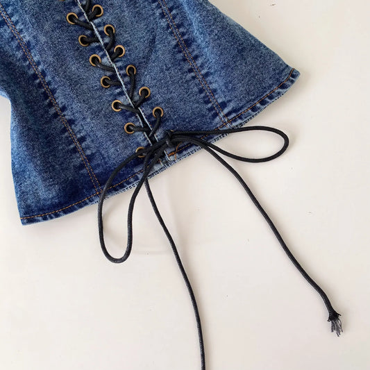 Night Club Denim Camis Female Summer Backless V Neck Lace Up Shirred Retro Halter Top Y2K Hot Girl Streetwear Tank Top