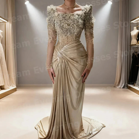 Gorgeous Mermaid Women's Square Neck Beaded Evening Dresses Customized Vestidos Para Mujer Prom Gowns Long Sleeve Robe De Soirée