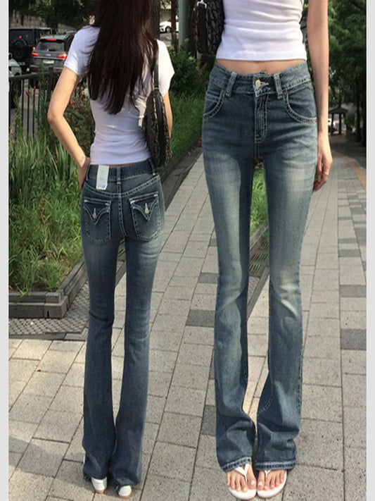 Gothic Buddha Head Womens Jeans Y2K Clothes Hip Hop Pocket Embroidery Vintage Blue Baggy Jeans Low Waist Wide Leg Trousers