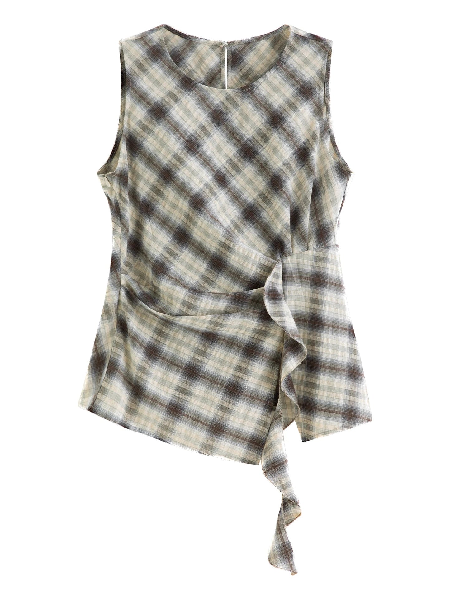 Retro Plaid Round Neck Slim Waist Sleeveless Shirt for Women New Summer 2026 Style with Ribbon Korean Style Y2k