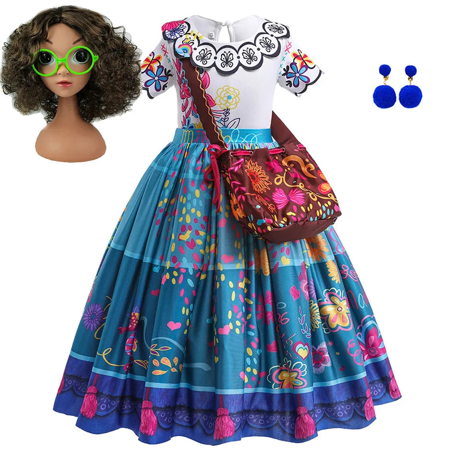 Girls Princess Costume Children Encanto Halloween Swing Flared Clothes Kids Printed Mirabel Cartoon Fantasy Cosplay Dress 3-12Y