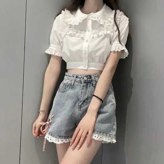 Aesthetic Design Short Jean Pants Woman Wide Lace Denim Shorts for Women Korean Style Hot Summer Low Price XL Outfits Wholesale