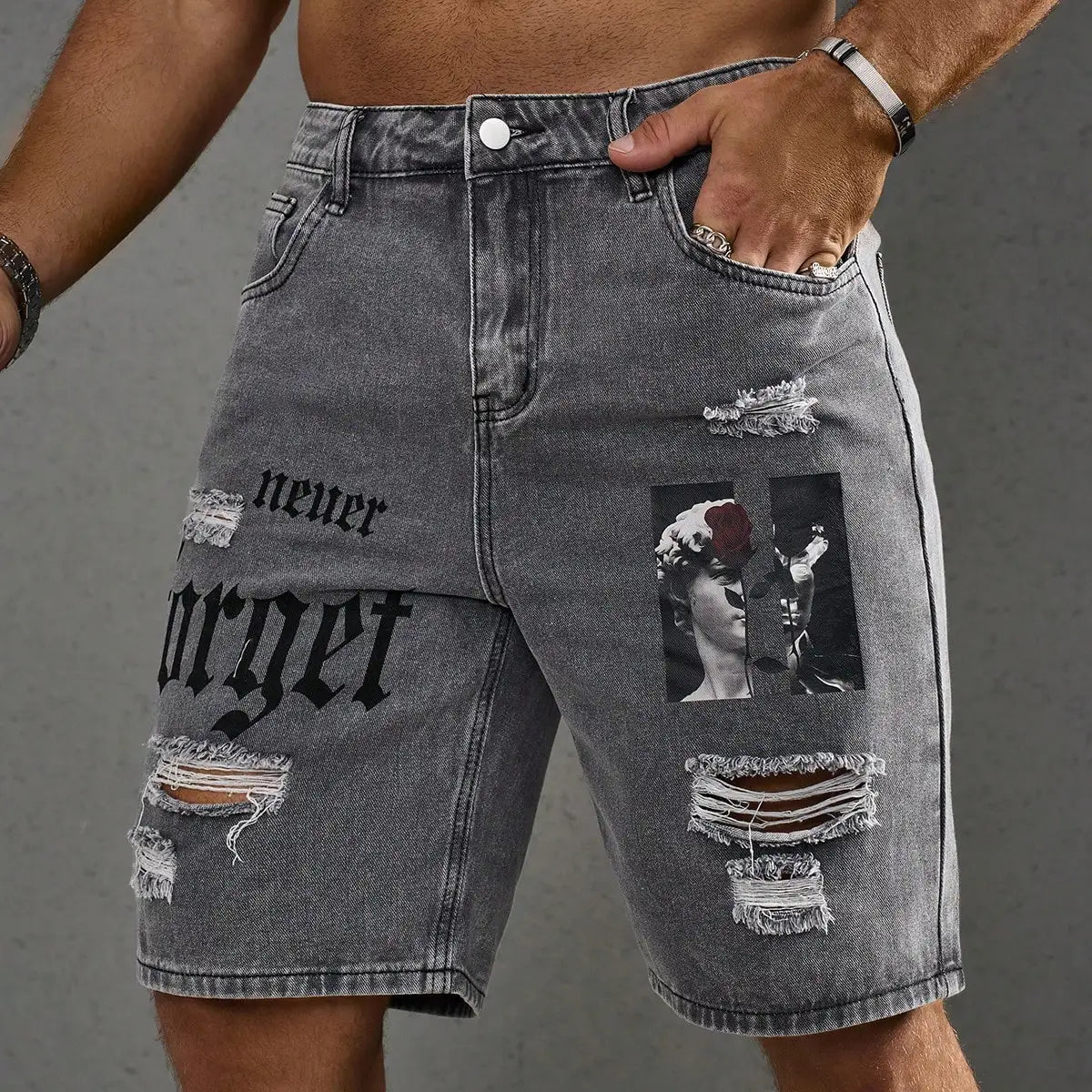 Men Summer Stretchy Denim Shorts Jeans For Men Streetwear Letter Ripped Knee length Baggy Comfort Cargo Casual Shorts Pants Jean