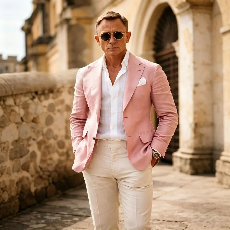 Sage Green 2 Pieces Men Suits Summer Lightweight Linen Slim Fit Casual Wedding Prom Party Blazer Jacket & Pants Set Breathable