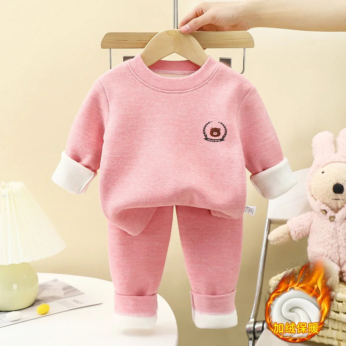 New Children's Warm Underwear Set Boys and Girls Winter Cartoon Plus Velvet Thick Round Neck Sleepwear 2PCS Set