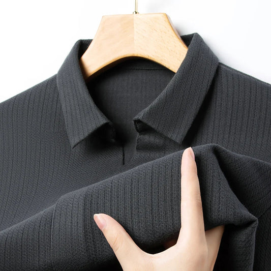 Men's Business Casual Solid Color Stretch V-neck POLO Shirt Daily Commute Striped Sweater for Fall 2024.