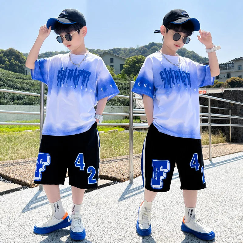 Summer Boys Cotton Alphabet Tie Dye t-Shirt Tops+Sweat Shorts Pant School Kids Tracksuit Child 2PCS Outfit Workout Set 5-16Years