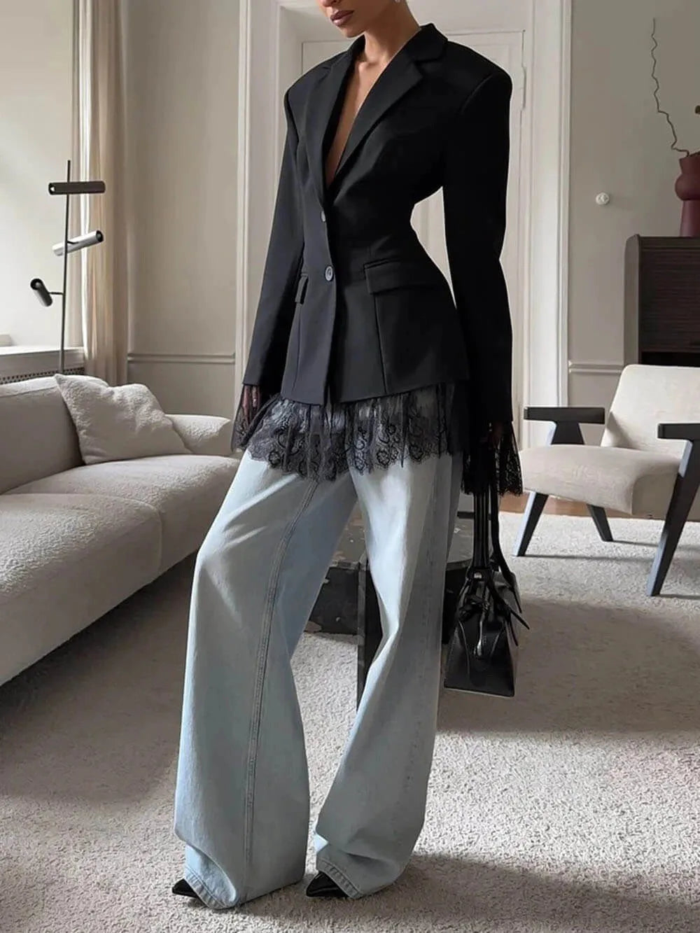 2026 New Women's Lace Splice Slim Fit Suit Jacket Korean Style Commute Design Sensation High Waist Waist-Cinching Outerwear