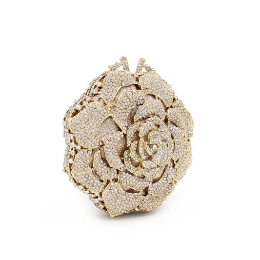 Luxury Rose Shape Diamond Rhinestone Clutch Bag Hollow Metal Banquet Wedding Handbag Women Evening Bag
