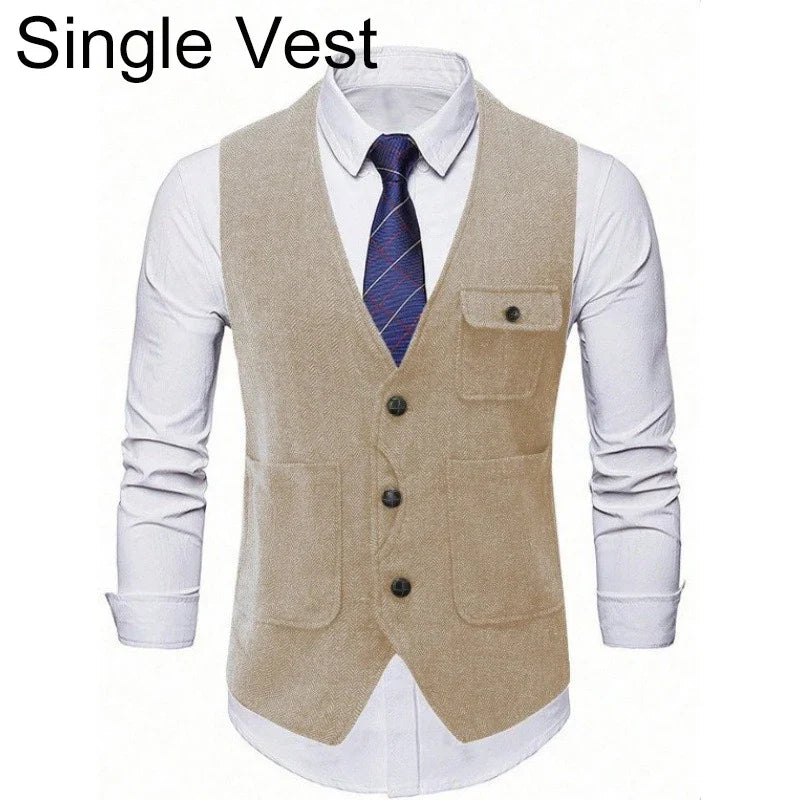 Suit Vest Man Vintage Single-breasted Pocket Male Waistcoat Slim V-neck Sleeveless Business Casual Versatile Men Vest