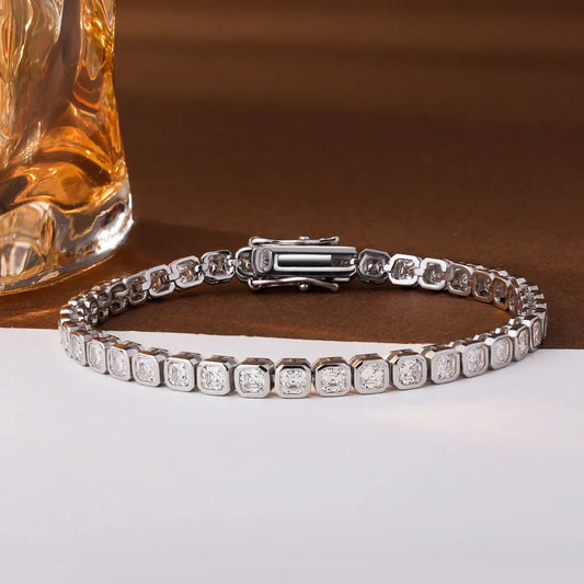 Bracelets Tennis pour Femmes en Argent Sterling 925 avec Moissanite Taille Asscher Sertie et Diamant de Laboratoire, Certificat Inclus