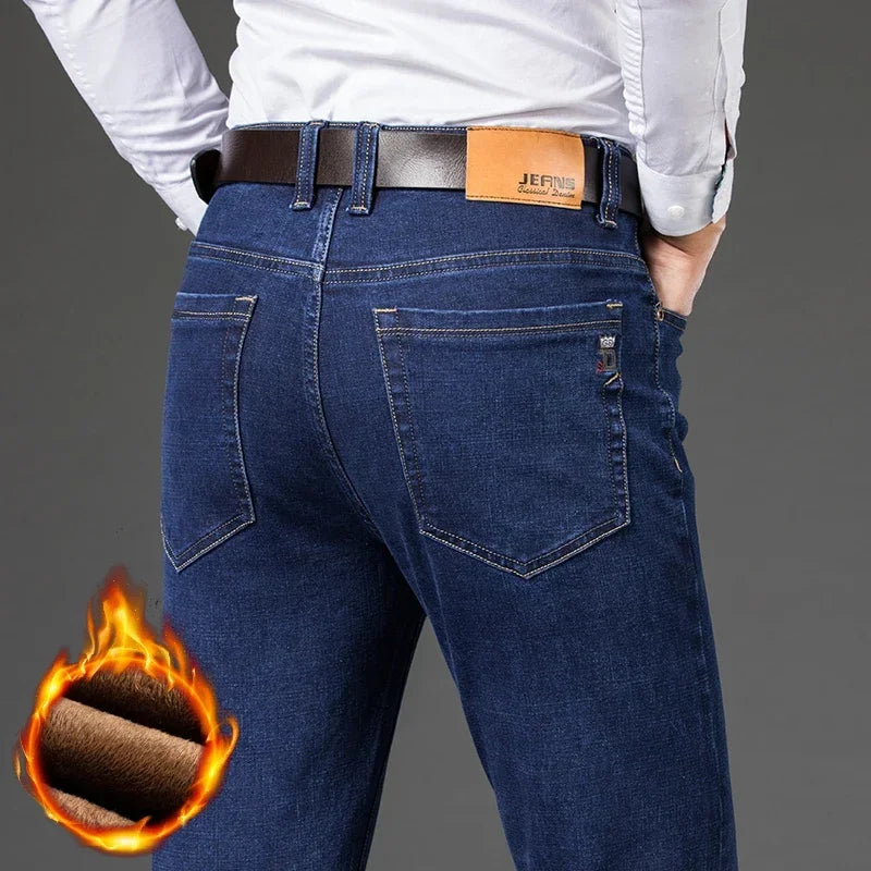 Winter Fleece Men's Casual Jeans Stretch Fashion Cotton Thick Plush Warm Denim Trousers Male Brand Pants Plus Size 42 44 46