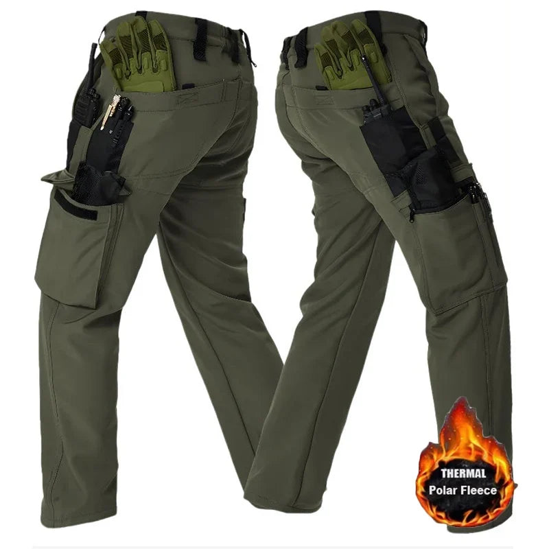 Men's Tactical Work Fleece Pant Multi-Pocket Waterproof SoftShell Trousers Winter Outdoor Wear-Resistant Thick Warm Camping Pant