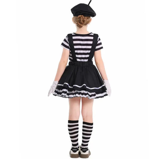 Mime Costume Clown Cosplay Clothing Girls Stage Performance Skirt T-shirt Hat Gloves Halloween Carnival Party Suit 