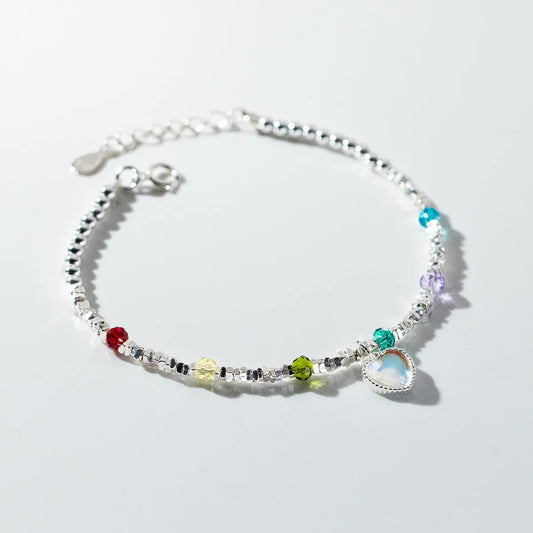 Bracelet en argent sterling 925 avec perles de cristal couleur arc-en-ciel, breloque en forme de cœur et chaînette en pierre de lune pour femmes