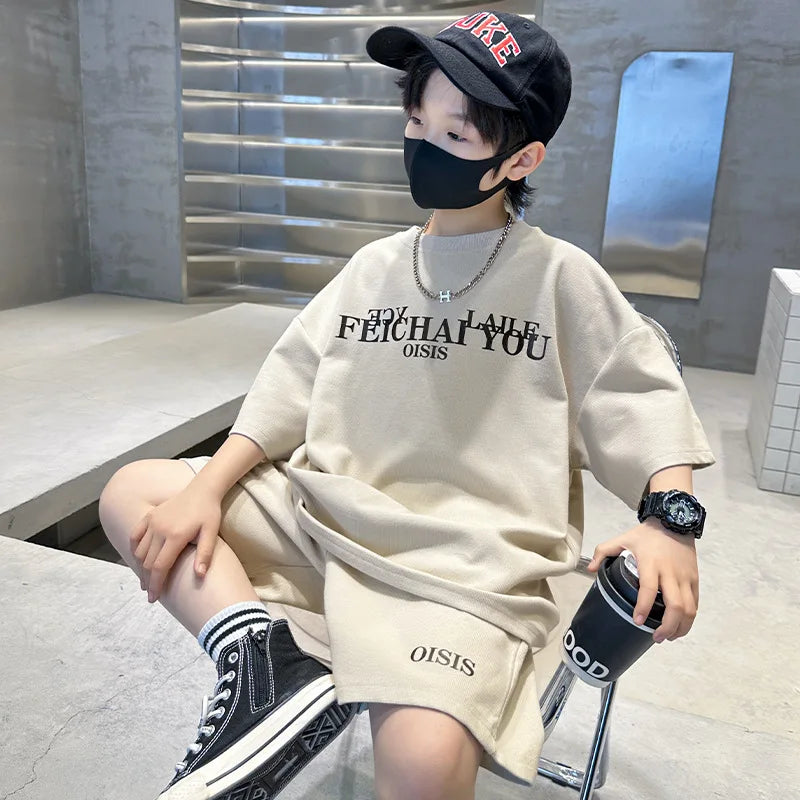 Summer Casual Boys Cotton Alphabet t-Shirt Tops+Drawstring Short Pant Set School Kids Tracksuit Child 2PCS Jogger Outfit 5-16Yrs