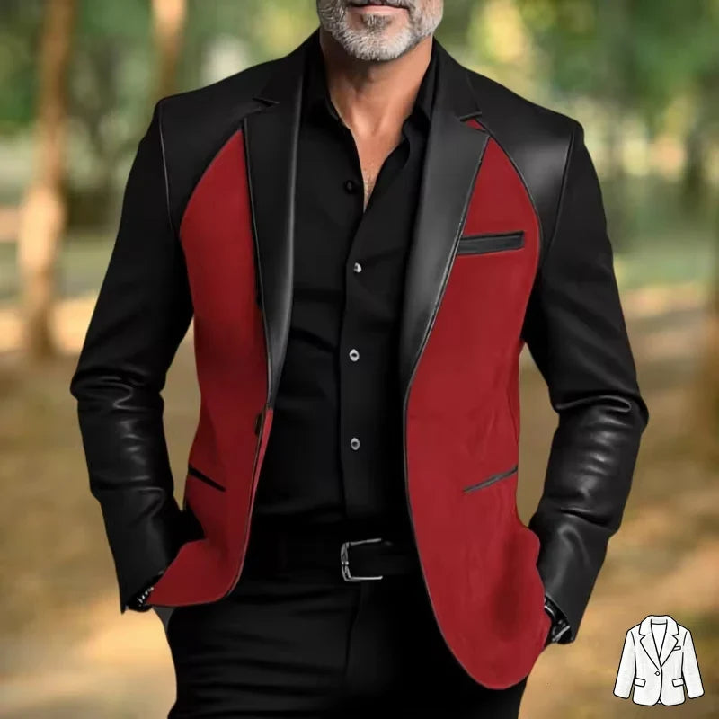 Retro Men's Faux Suede Jacket with PU Leather Collar & Shoulder 2 Buttons Two-Tone Blazer Contrast Trim Coat