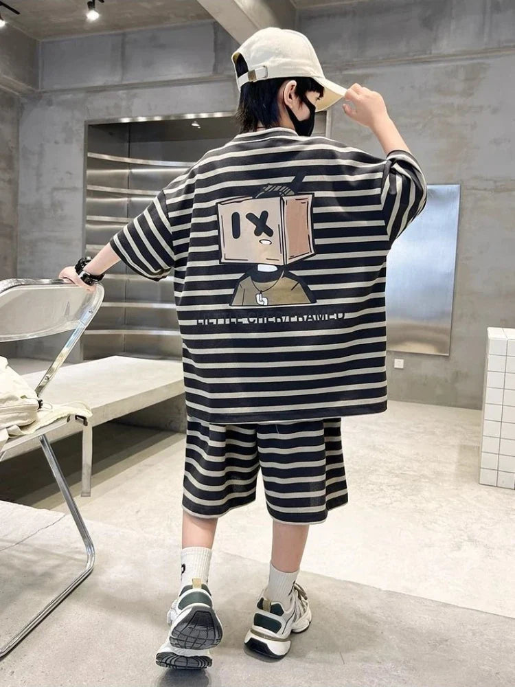 Stripe Sport Two-Piece Set Children Sets Shorts for Boy Children's Clothing From 3 To 4 Boys Outfit Cartoon Fashion Clothes Kids