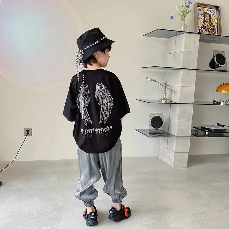 Wings with Rhinestones Trendy Short-sleeve for Kids T-shirt Children Clothes 7 To 14 Years Child 2025 Children's Clothing Korean