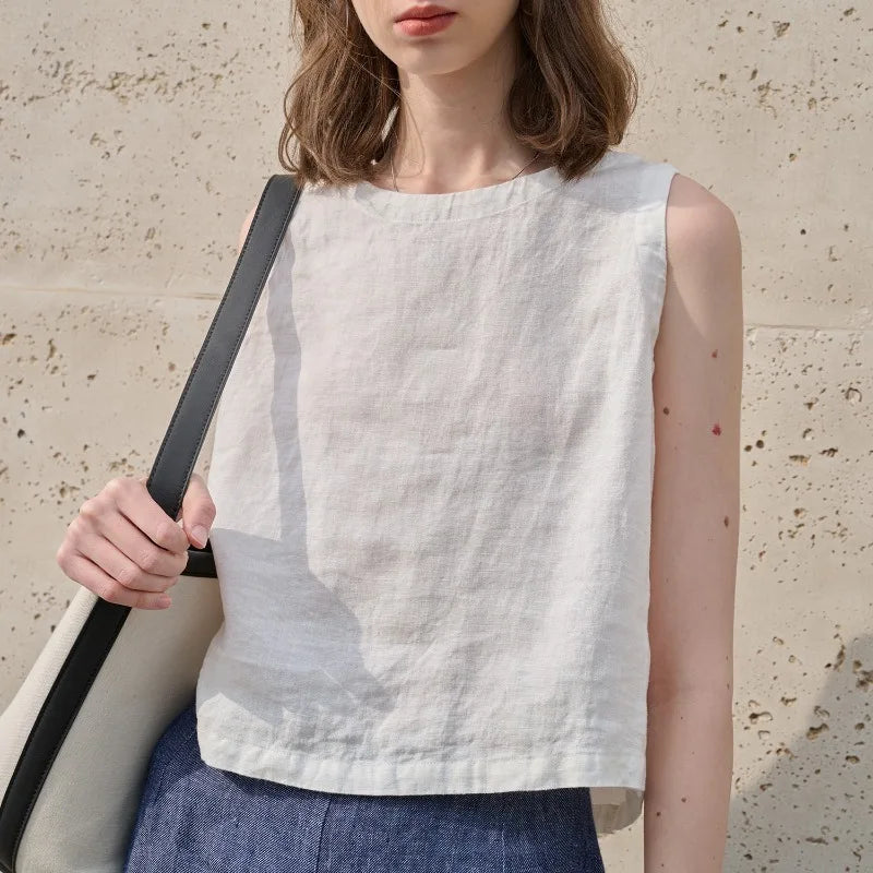 100% Linen Reversible Wear Crop Tops Women Solid Color Summer New Office Ladies Vest Casual Simple Sleeveless Tank Top