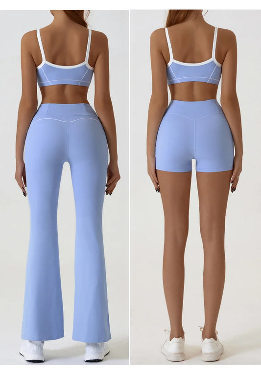 Gym workout Sportswear Thin Shoulder Contrast Color Bra Suspender Top+Shorts Outdoor Sports Sets Micro-flared Pants Yoga Suit