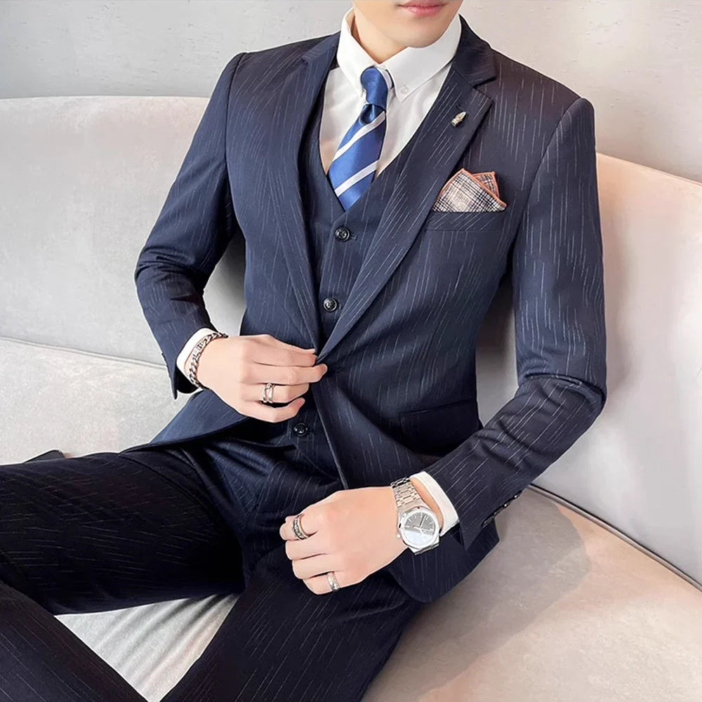 ( Blazer + Vest + Pants ) High-end Formal Casual Business Striped Fashion Men's 3 Piece Suit Groom Wedding Dress Suit