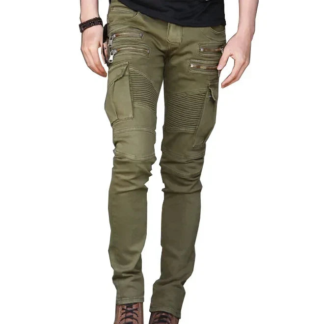 Fashion Fold Men Jeans Stretch Pleated Biker Cargo Jeans Zipper Skinny Slim Fit Trouser Hiphop Punk Multi Pocket Denim Pant Male