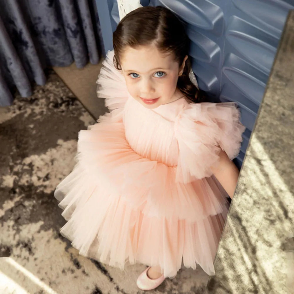 White Sequins Long Sleeve Party New Flower Girl Dress Tailing Puffy V-Neck First Communion Birthday Wedding Dress