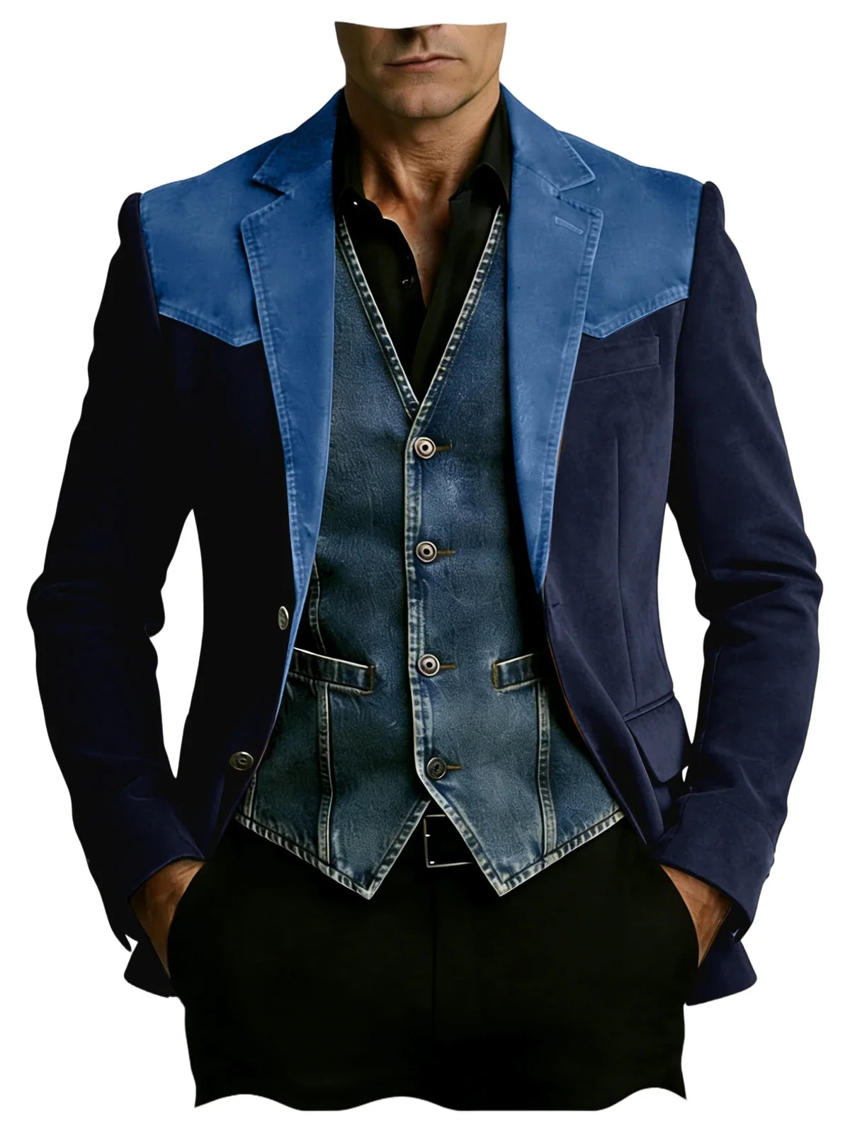 Men's Vintage Suede Blazer Notch Lapel 2 Button Denim Shoulder Collar Patch Jacket Business Casual Daily Wear Coat for Gentlemen