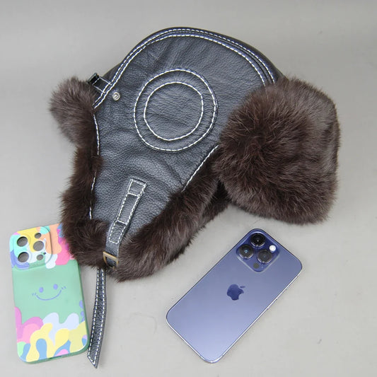 2026 Fashion Men's 100% Natural Rabbit Fur Bomber Hats Winter Russian Man Warm Real Sheepskin Leather Hat Male Real Fur Caps