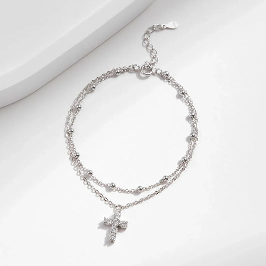 Bracelet exquis en argent sterling 925 avec croix et zircones cubiques, empilable, double couche, chaîne à maillons et perles, pour femmes, bijoux fins