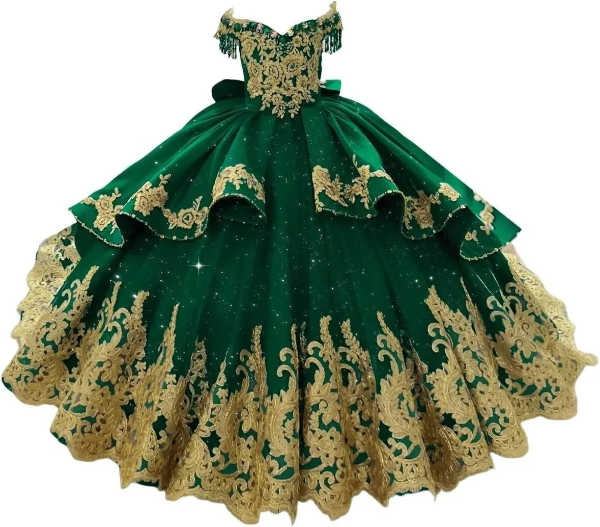 Off Shoulder Flower Girl Dress for Wedding 2-14 Kids Gold Appliqued Tiered Tulle Princess Pageant Dress With Bow/Tassel Custom