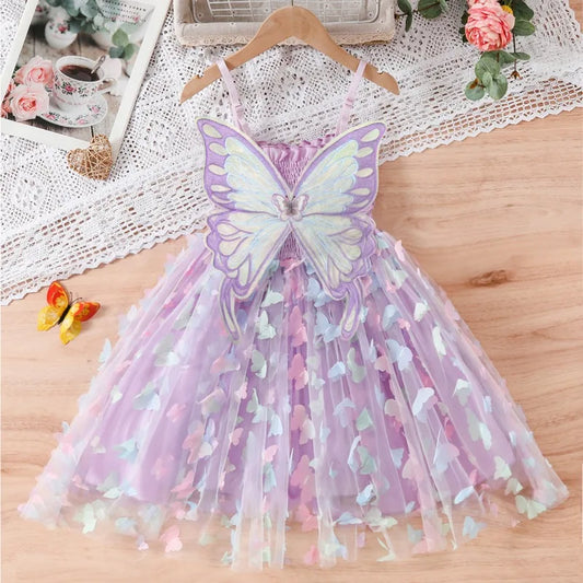 2024 Girls Purple Butterfly Dress Summer Children Colorful Mesh Dress Baby Sling Wings Princess Dress for Birthday 3-8T