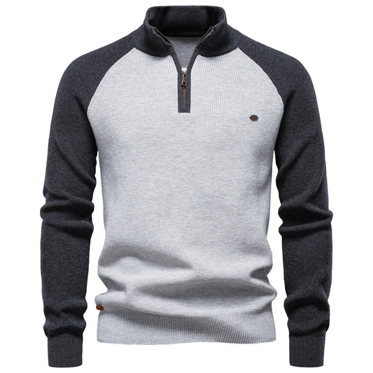 Men's Cotton Mock Neck Pullover Sweater Stand Collar Quarter Zipper Warm Casual Autumn Winter Social Sweater
