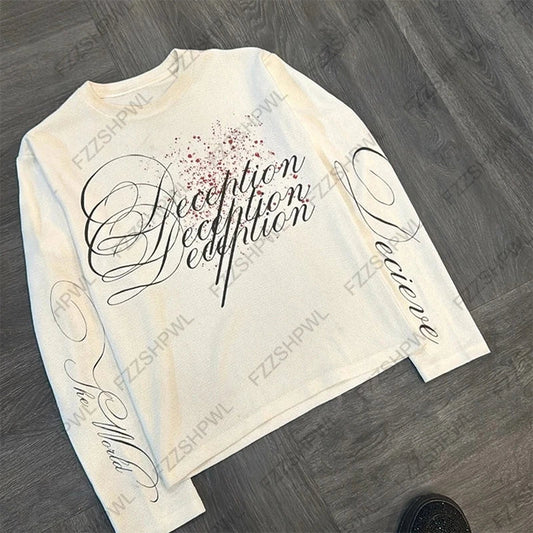 Y2K Pure Cotton Design Letters Fashion American Long Sleeve Retro High Street Hip-Hop Rock Street Men's Tops Casual Long Sleeve