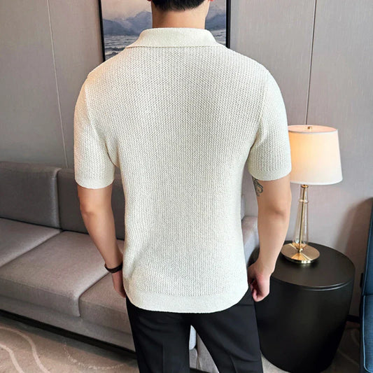 Hollow Knitted Short-Sleeved T-shirt, V-neck Brown Polo Shirt, High-End Quality, Cool, Luxury Genuine Goods,Slim Top