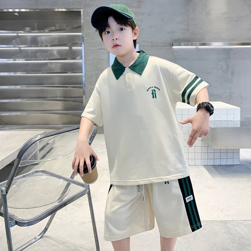 Boys Set Summer Children Clothing Korean Style Costumes Cotton Polo Shirt Shorts 2pcs Kids Casual Outfits Tracksuit Age 5-14 Y